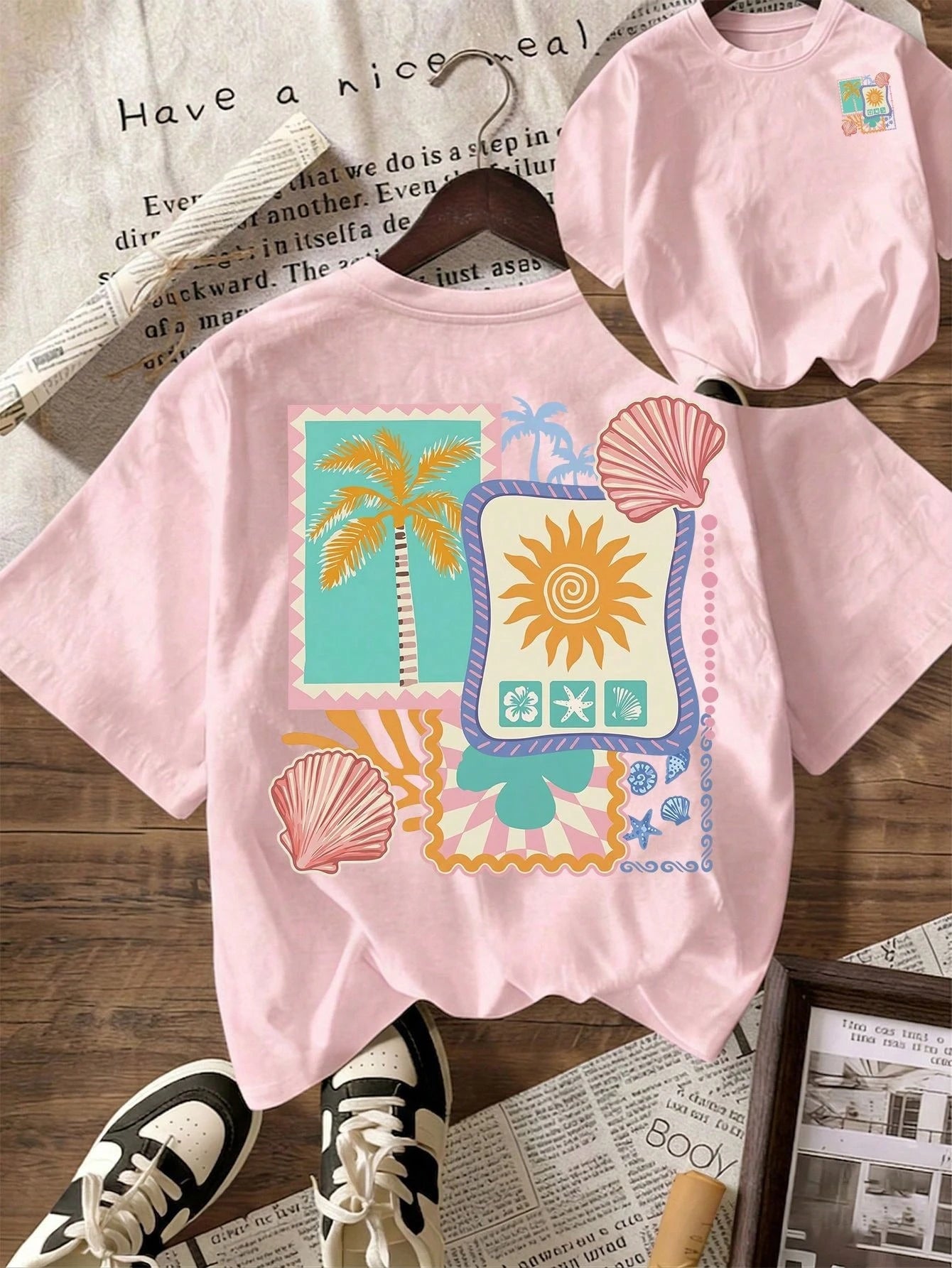 Summer New Fashionable Casual Versatile Sweet Retro Beach Vacation Style Printed Round Neck Short Sleeve T-Shirt For Women Pink