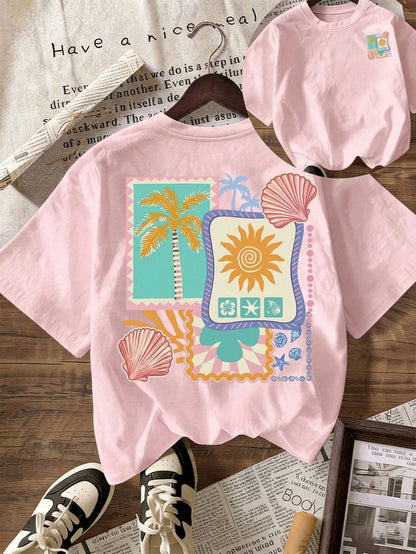 Summer New Fashionable Casual Versatile Sweet Retro Beach Vacation Style Printed Round Neck Short Sleeve T-Shirt For Women Pink