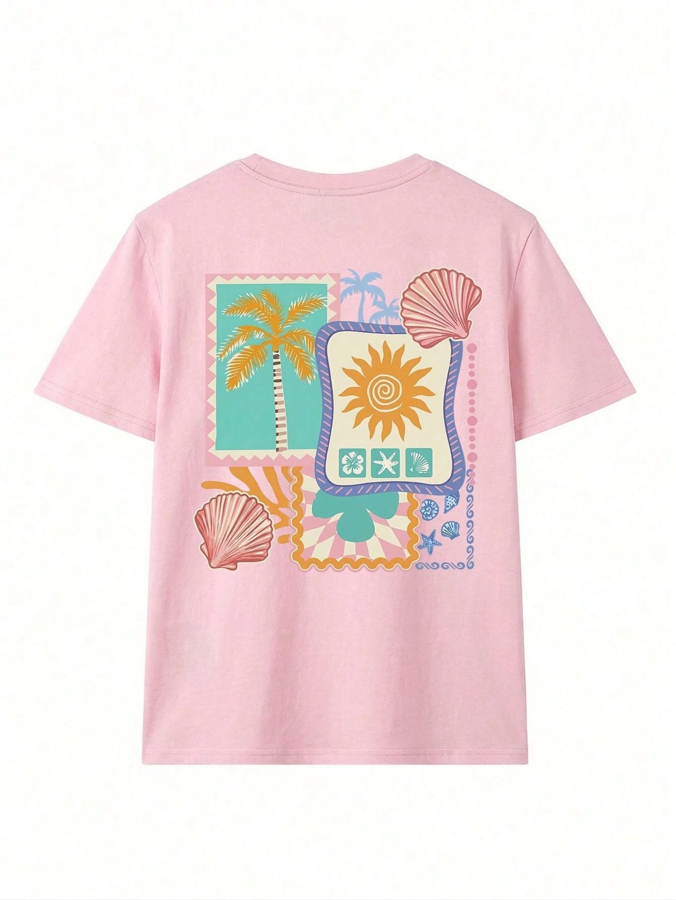 Summer New Fashionable Casual Versatile Sweet Retro Beach Vacation Style Printed Round Neck Short Sleeve T-Shirt For Women Pink