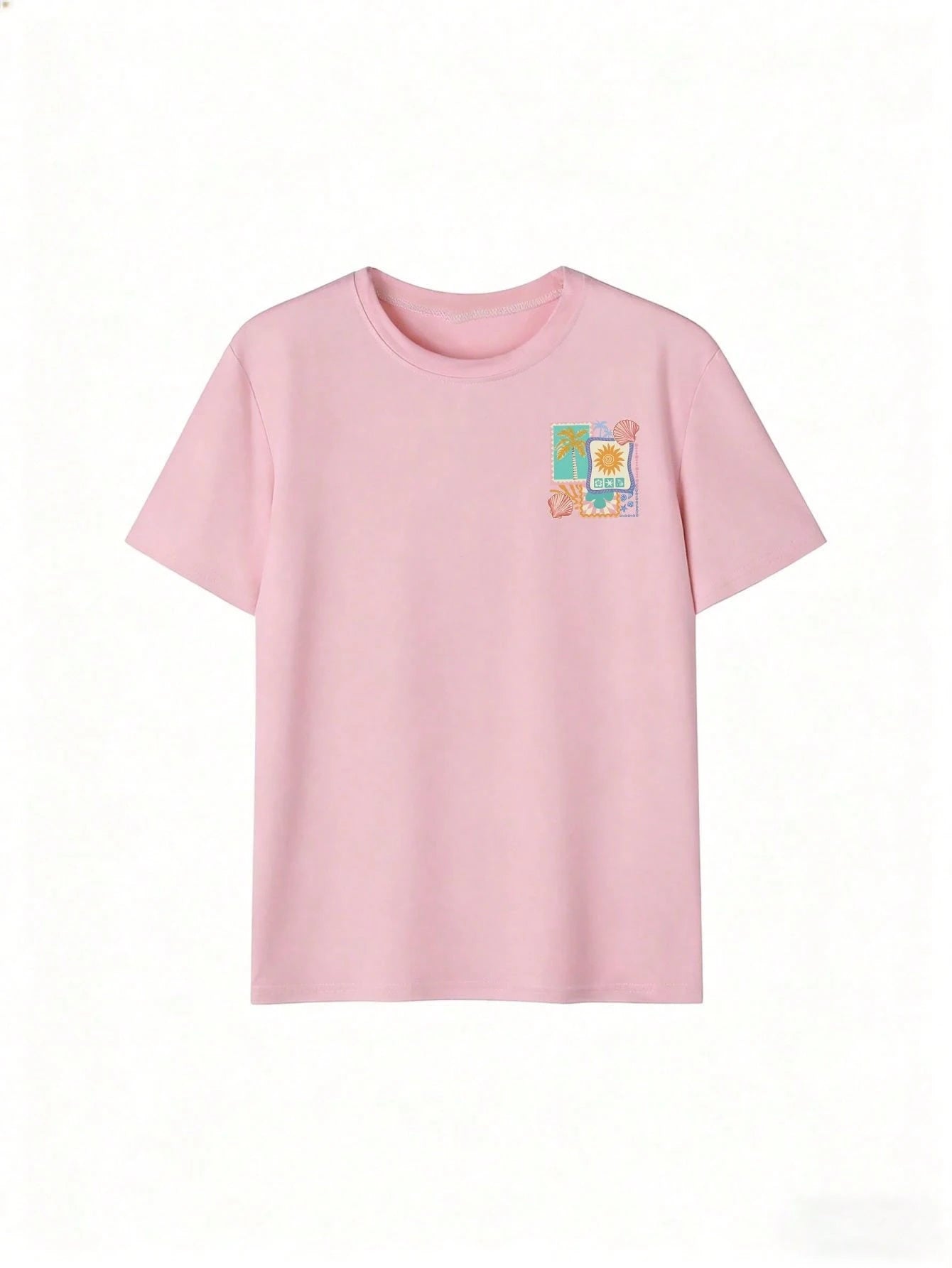 Summer New Fashionable Casual Versatile Sweet Retro Beach Vacation Style Printed Round Neck Short Sleeve T-Shirt For Women Pink