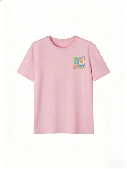 Summer New Fashionable Casual Versatile Sweet Retro Beach Vacation Style Printed Round Neck Short Sleeve T-Shirt For Women Pink
