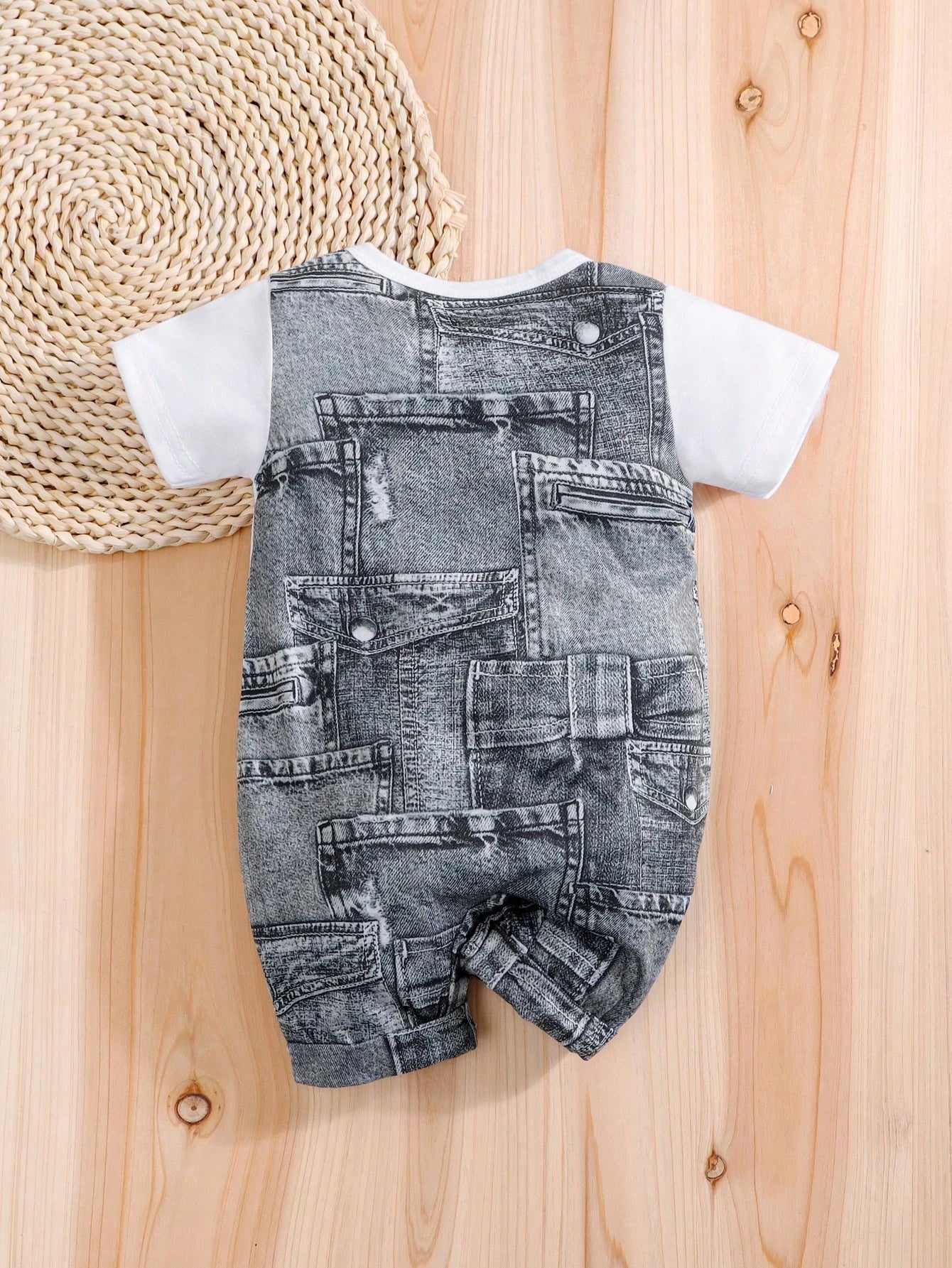 Summer Outing Imitation Denim Workwear Overalls Fake Two Short Sleeved Baby Jumpsuit (Imitation Denim Full Print)