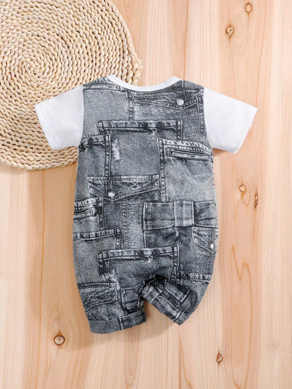 Summer Outing Imitation Denim Workwear Overalls Fake Two Short Sleeved Baby Jumpsuit (Imitation Denim Full Print)