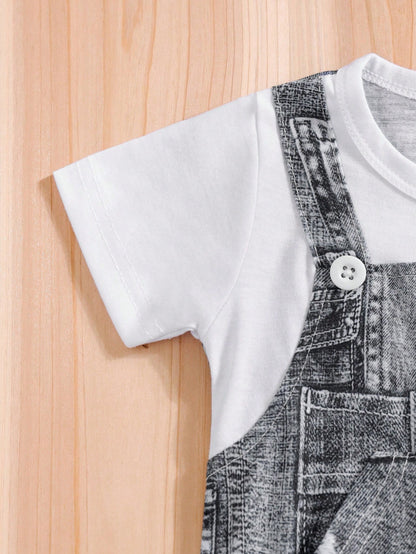 Summer Outing Imitation Denim Workwear Overalls Fake Two Short Sleeved Baby Jumpsuit (Imitation Denim Full Print)