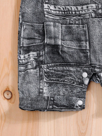 Summer Outing Imitation Denim Workwear Overalls Fake Two Short Sleeved Baby Jumpsuit (Imitation Denim Full Print)