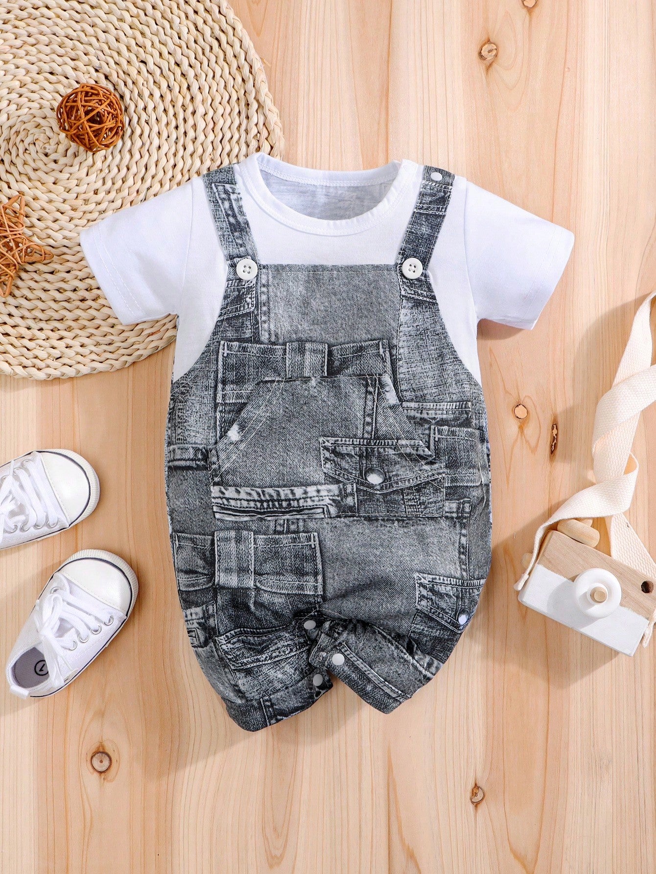 Summer Outing Imitation Denim Workwear Overalls Fake Two Short Sleeved Baby Jumpsuit (Imitation Denim Full Print)