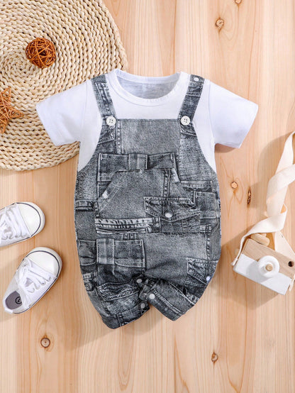 Summer Outing Imitation Denim Workwear Overalls Fake Two Short Sleeved Baby Jumpsuit (Imitation Denim Full Print)