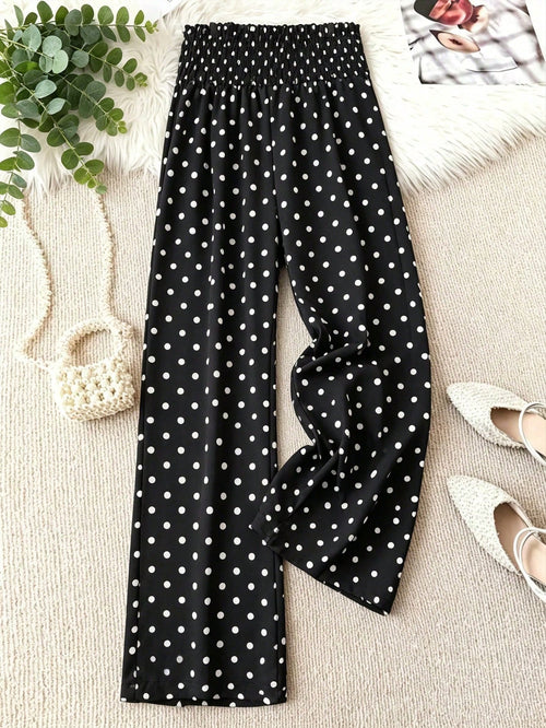 Summer Polka Dot Loose Casual Women's Wide Leg Pants, With Pleated Paper Bag Waist Design, Bohemian Style, Suitable For Beach Vacation And Daily Wear, Vacationcore