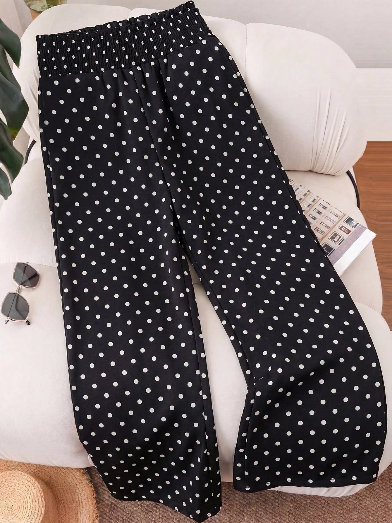 Summer Polka Dot Loose Casual Women's Wide Leg Pants, With Pleated Paper Bag Waist Design, Bohemian Style, Suitable For Beach Vacation And Daily Wear, Vacationcore