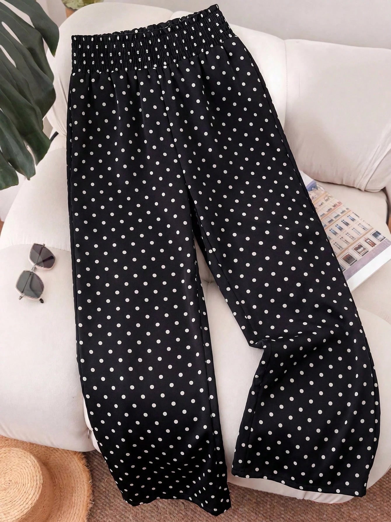 Summer Polka Dot Loose Casual Women's Wide Leg Pants, With Pleated Paper Bag Waist Design, Bohemian Style, Suitable For Beach Vacation And Daily Wear, Vacationcore