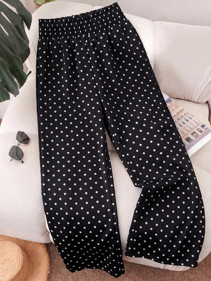 Summer Polka Dot Loose Casual Women's Wide Leg Pants, With Pleated Paper Bag Waist Design, Bohemian Style, Suitable For Beach Vacation And Daily Wear, Vacationcore