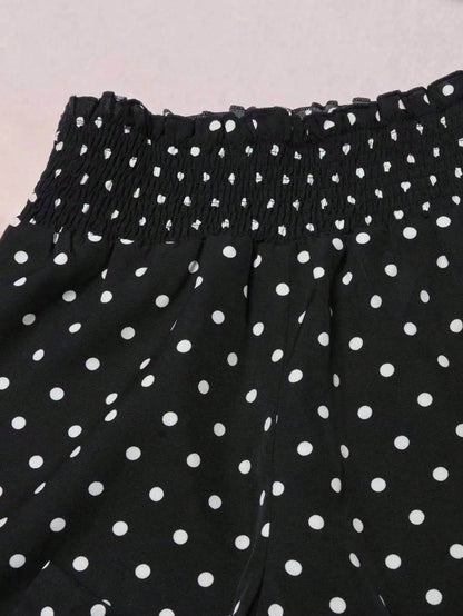 Summer Polka Dot Loose Casual Women's Wide Leg Pants, With Pleated Paper Bag Waist Design, Bohemian Style, Suitable For Beach Vacation And Daily Wear, Vacationcore