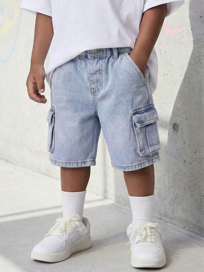 Summer Young Boys' Washed Denim Utility Cargo Shorts, Elastic Waist Loose Straight Leg Design,Soft Cotton Denim Shorts For Daily Outing School
