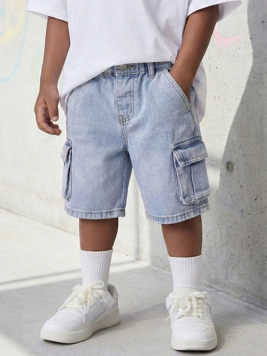 Summer Young Boys' Washed Denim Utility Cargo Shorts, Elastic Waist Loose Straight Leg Design,Soft Cotton Denim Shorts For Daily Outing School
