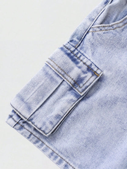 Summer Young Boys' Washed Denim Utility Cargo Shorts, Elastic Waist Loose Straight Leg Design,Soft Cotton Denim Shorts For Daily Outing School