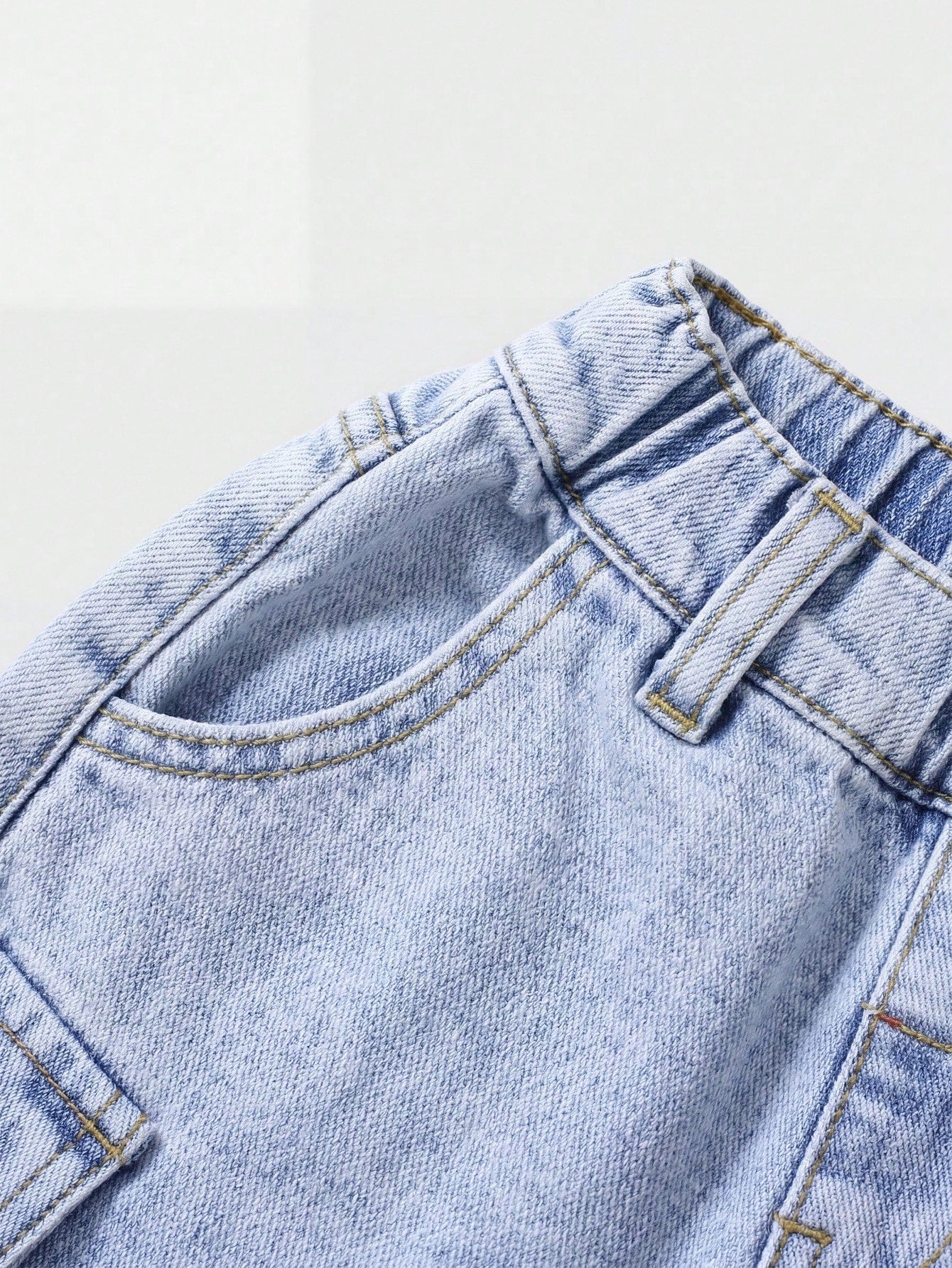 Summer Young Boys' Washed Denim Utility Cargo Shorts, Elastic Waist Loose Straight Leg Design,Soft Cotton Denim Shorts For Daily Outing School