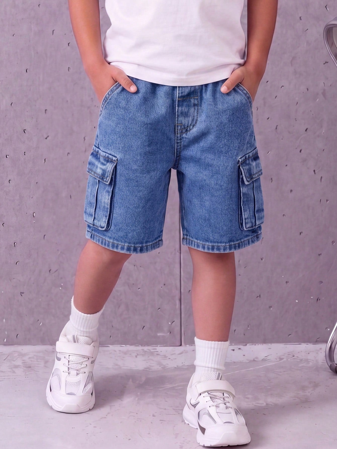 Summer Young Boys' Washed Denim Utility Cargo Shorts, Elastic Waist Loose Straight Leg Design,Soft Cotton Denim Shorts For Daily Outing School