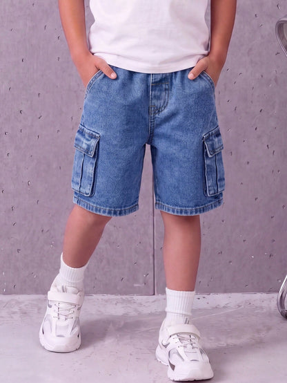 Summer Young Boys' Washed Denim Utility Cargo Shorts, Elastic Waist Loose Straight Leg Design,Soft Cotton Denim Shorts For Daily Outing School
