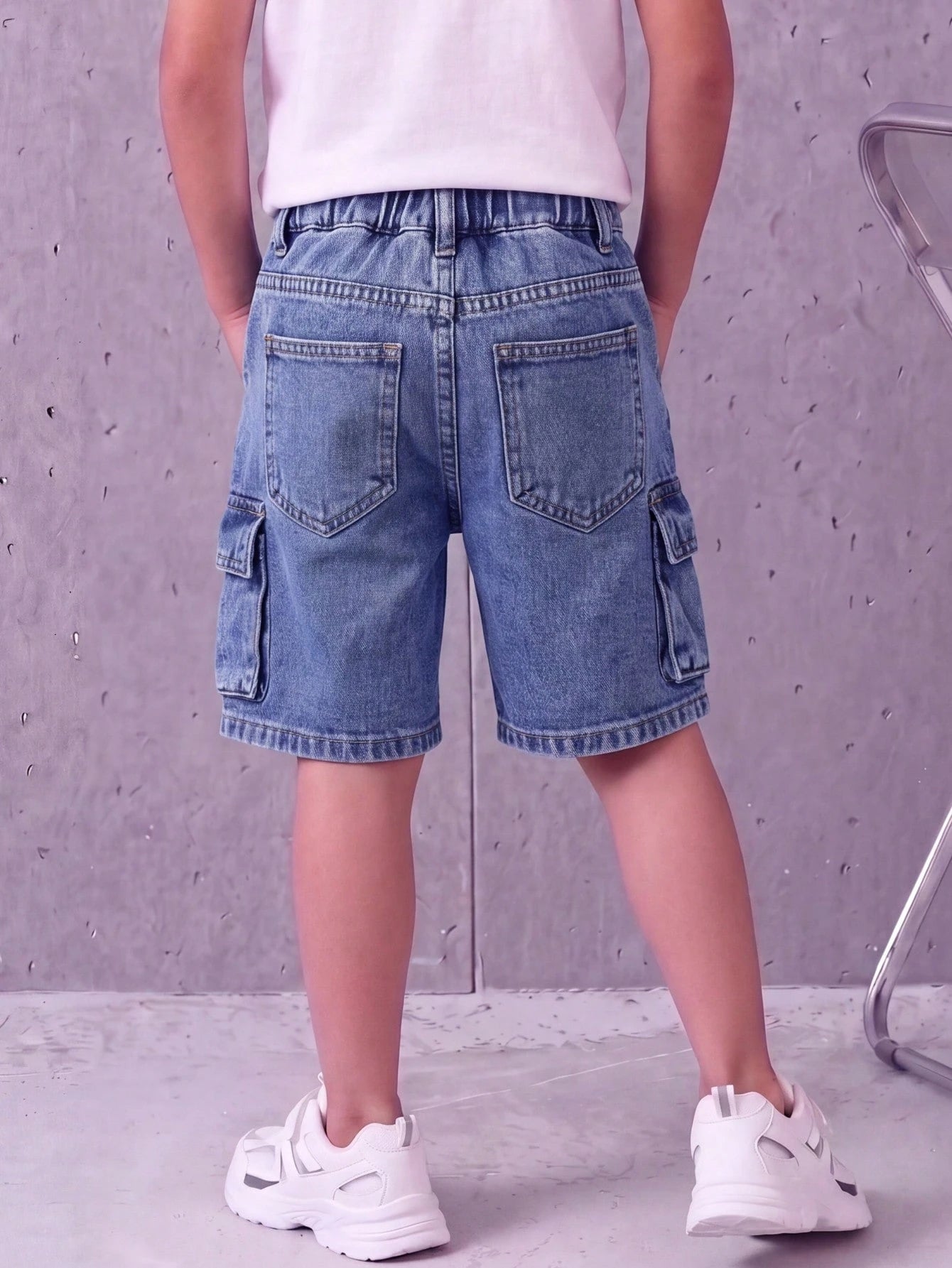 Summer Young Boys' Washed Denim Utility Cargo Shorts, Elastic Waist Loose Straight Leg Design,Soft Cotton Denim Shorts For Daily Outing School