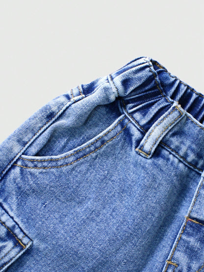Summer Young Boys' Washed Denim Utility Cargo Shorts, Elastic Waist Loose Straight Leg Design,Soft Cotton Denim Shorts For Daily Outing School