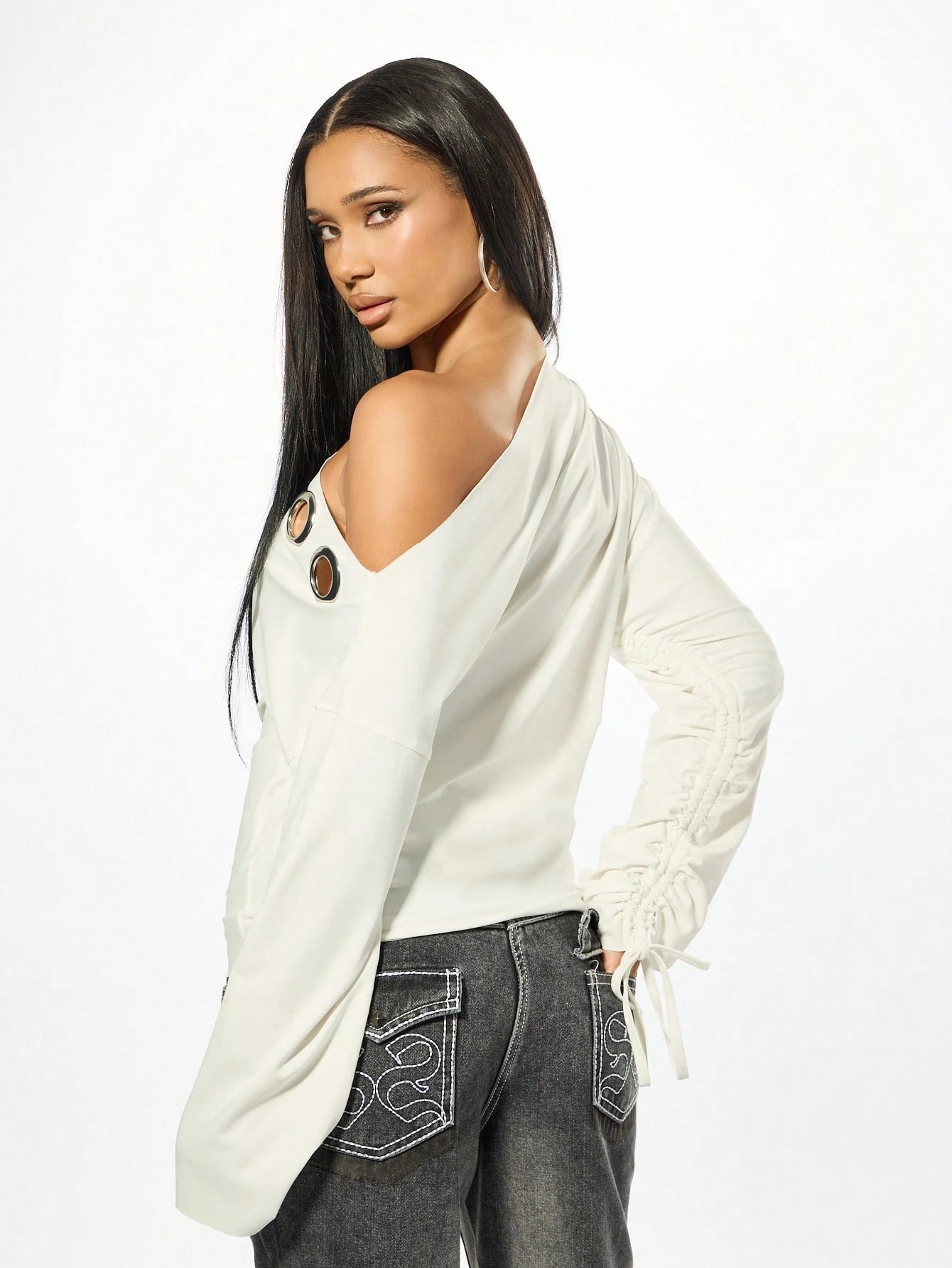 SUMWON Plus Size Off Shoulder Long Sleeve Blouse With Metal Eyelet Detail And Tie Sleeves For Casual Winter Style