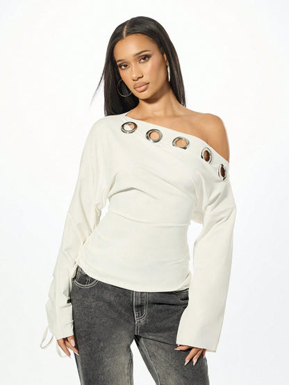 SUMWON Plus Size Off Shoulder Long Sleeve Blouse With Metal Eyelet Detail And Tie Sleeves For Casual Winter Style