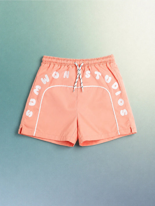 SUMWON Studios Piped Nylon Shorts With Logo Print And Drawstring Waist For Boys Summer
