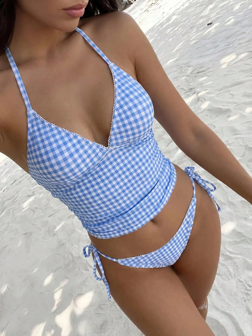 Sunnyshic Cherry Print Plaid Bikini Set With Camisole Style Top, Summer Vacation Beach