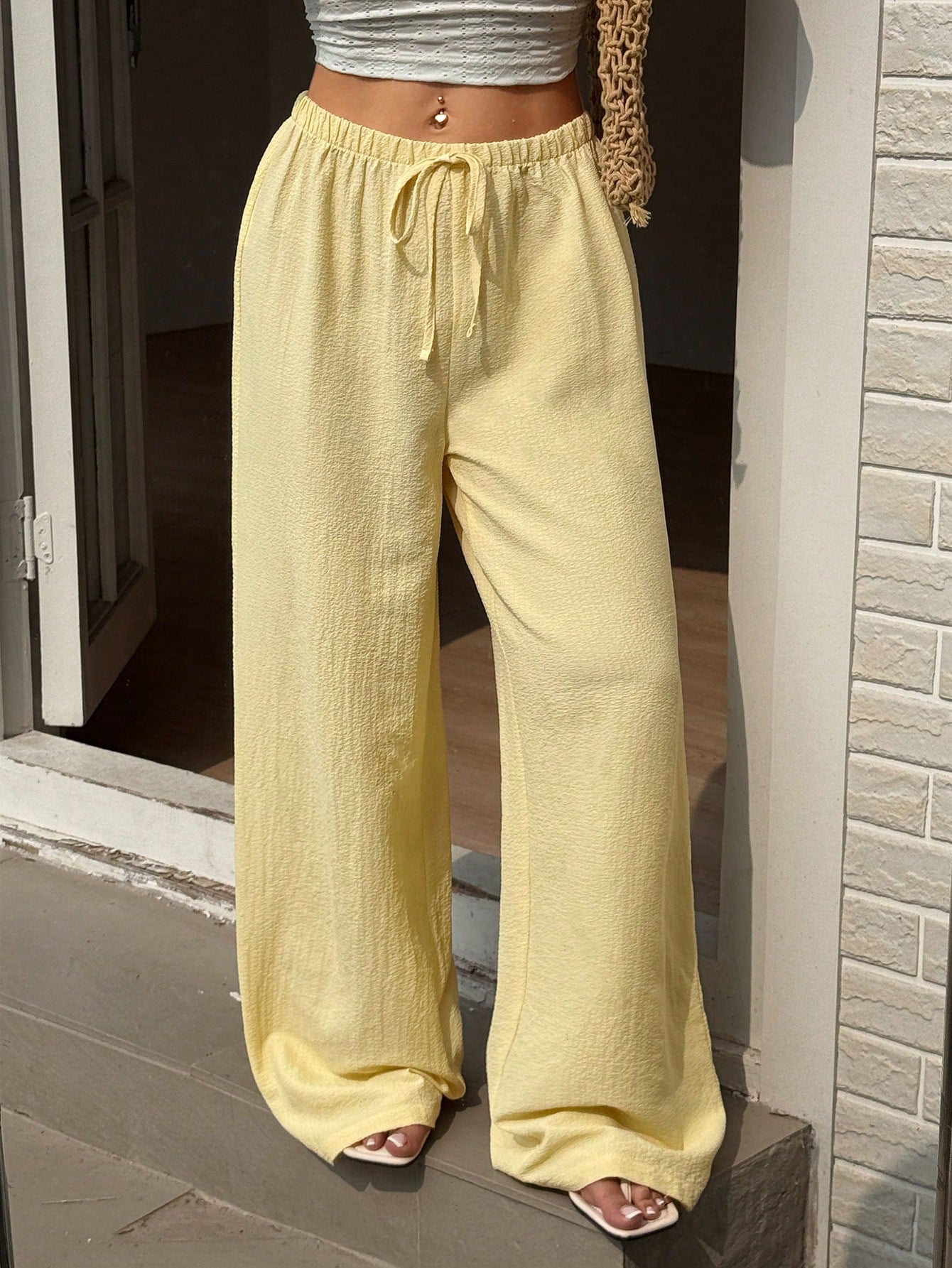 Sunnyshic Women's Casual Vacation Travel Tie-Up Straight Leg Pants, Yellow, Versatile Slimming Outdoor Spring/Summer Trousers
