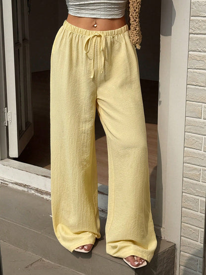 Sunnyshic Women's Casual Vacation Travel Tie-Up Straight Leg Pants, Yellow, Versatile Slimming Outdoor Spring/Summer Trousers