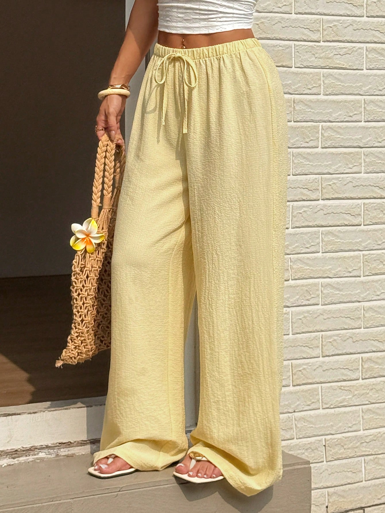 Sunnyshic Women's Casual Vacation Travel Tie-Up Straight Leg Pants, Yellow, Versatile Slimming Outdoor Spring/Summer Trousers
