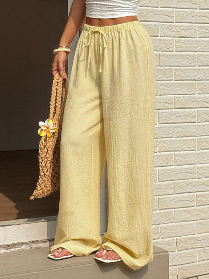 Sunnyshic Women's Casual Vacation Travel Tie-Up Straight Leg Pants, Yellow, Versatile Slimming Outdoor Spring/Summer Trousers