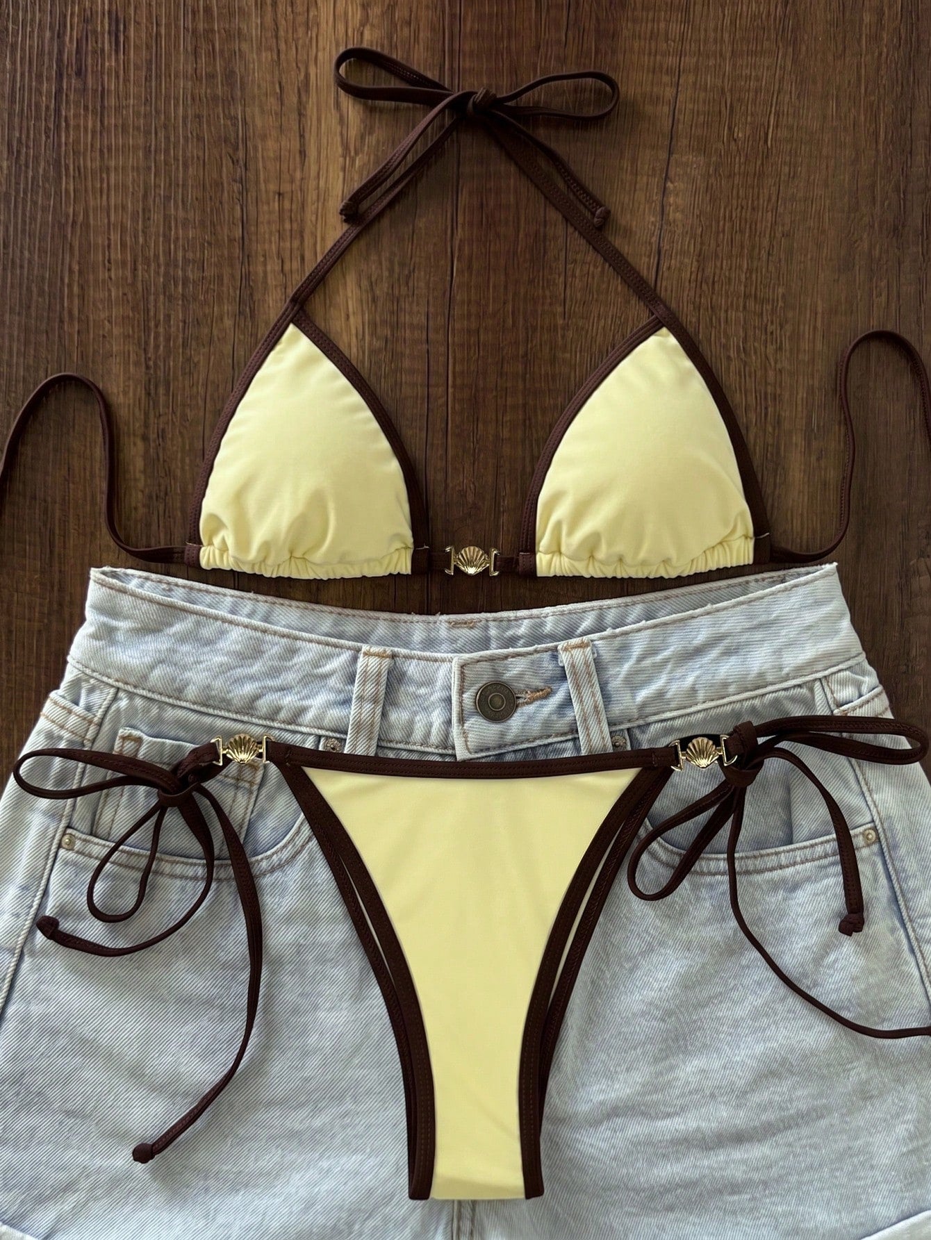 Sunnyshic Women's Spring/Summer Solid Color Halter Neck Metal Decor Tie Bikini Set