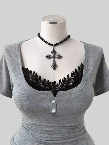 Sunspun European Women's Plus Size Fashion New Design Square Neck Lace Patchwork Camisole Slim Fit Flattering Asymmetrical Pleated T-Shirt