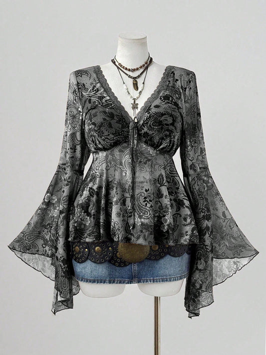 Sunspun Plus Size Women Cashew Floral Print Contrast Lace V-Neck Flare Sleeve Fashionable Top