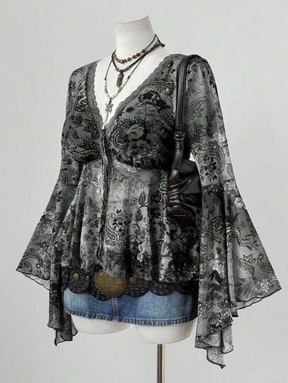 Sunspun Plus Size Women Cashew Floral Print Contrast Lace V-Neck Flare Sleeve Fashionable Top