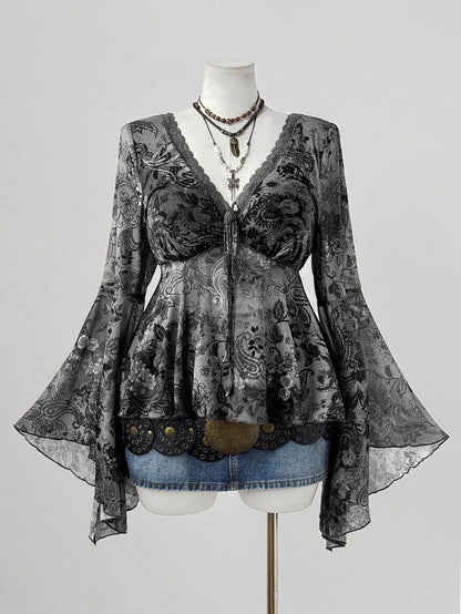 Sunspun Plus Size Women Cashew Floral Print Contrast Lace V-Neck Flare Sleeve Fashionable Top