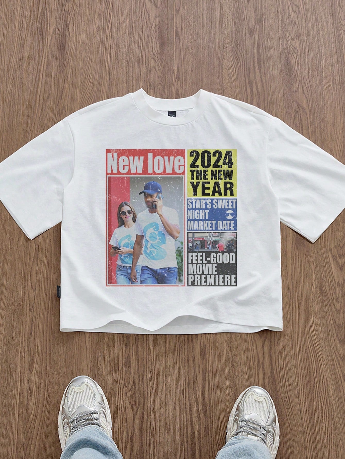 SWAVVY Standard Size Men's Short White Boxy Newspaper Graphic T-Shirt, Summer