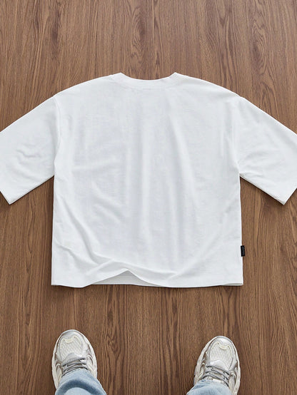 SWAVVY Standard Size Men's Short White Boxy Newspaper Graphic T-Shirt, Summer