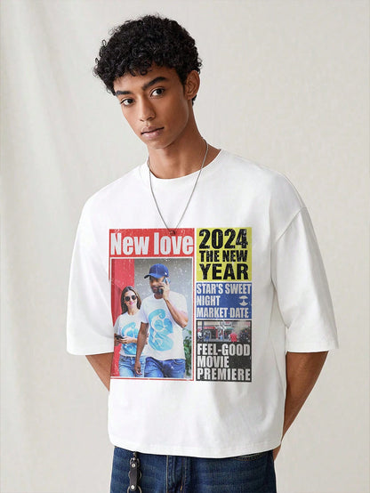 SWAVVY Standard Size Men's Short White Boxy Newspaper Graphic T-Shirt, Summer