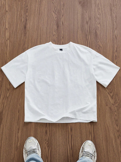 SWAVVY Standard Size Men's Short White Boxy Newspaper Graphic T-Shirt, Summer