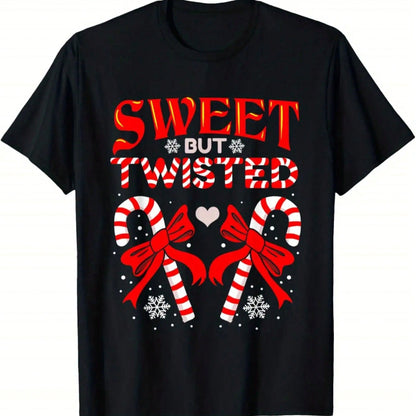 Sweet Yet Quirky Candy Cane Christmas Short-Sleeved Plus-Size Women'S T-Shirt With A Retro Style, Round Neck, Suitable For All Seasons, Plus Size.