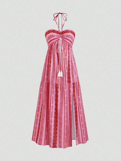 Sweetra Bohemian Style Beach Dress, Spaghetti Strap High-End Long Sundress For Summer Vacation Maxi Women Outfit