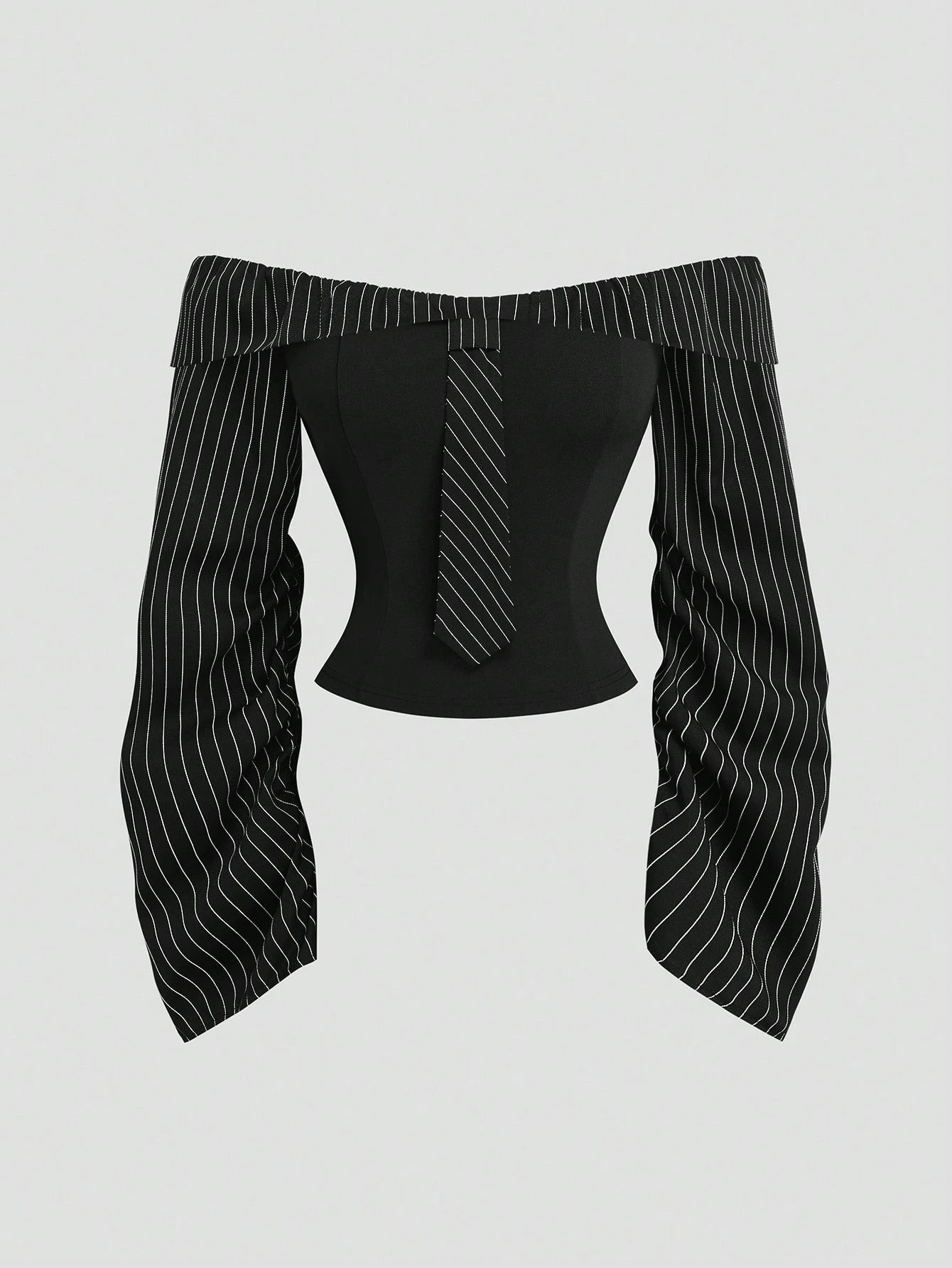 Sweetra Plus Size Women 2026 New Gothic Style Asymmetric Ruffle Trim Off-Shoulder Pleated Long Sleeve Blouse, Casual Striped Black Slim Fit Shirt, Sexy Party Top For Back To School, Daily Outings, Com