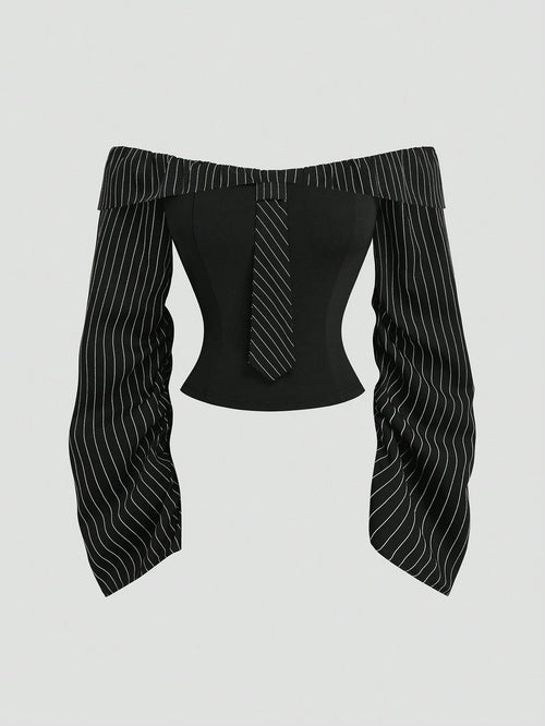 Sweetra Plus Size Women 2026 New Gothic Style Asymmetric Ruffle Trim Off-Shoulder Pleated Long Sleeve Blouse, Casual Striped Black Slim Fit Shirt, Sexy Party Top For Back To School, Daily Outings, Com