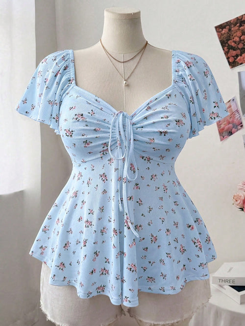 Sweetra Plus Size Women's Square Neck Drawstring Cap Sleeve Ruffle Sleeve Ditsy Floral Casual Cute Elegant Vacation A-Line T-Shirt, Spring/Summer