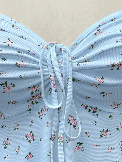 Sweetra Plus Size Women's Square Neck Drawstring Cap Sleeve Ruffle Sleeve Ditsy Floral Casual Cute Elegant Vacation A-Line T-Shirt, Spring/Summer
