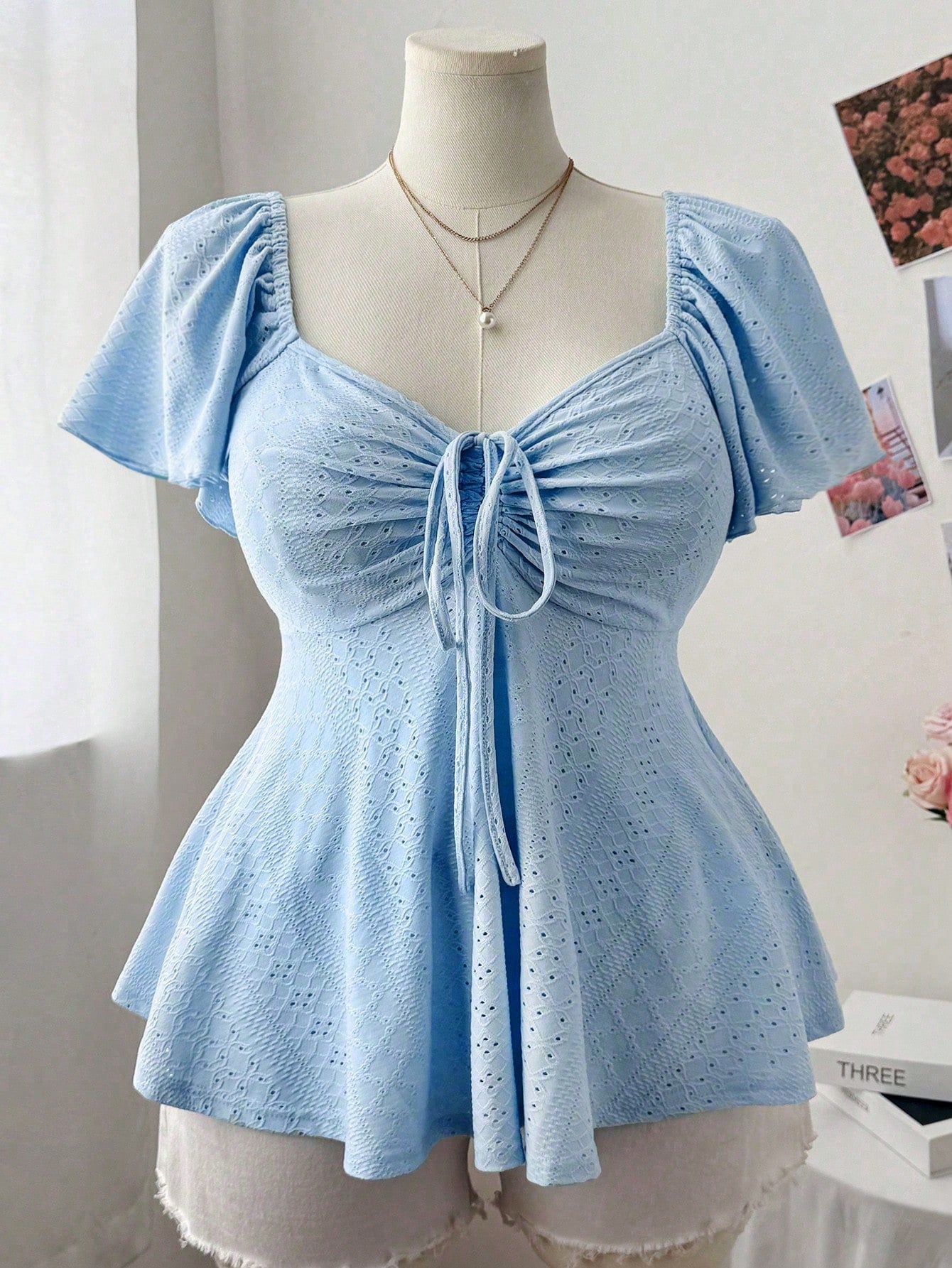 Sweetra Plus Size Women's Square Neck Drawstring Cap Sleeve Ruffle Sleeve Ditsy Floral Casual Cute Elegant Vacation A-Line T-Shirt, Spring/Summer