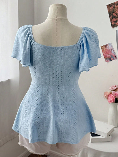 Sweetra Plus Size Women's Square Neck Drawstring Cap Sleeve Ruffle Sleeve Ditsy Floral Casual Cute Elegant Vacation A-Line T-Shirt, Spring/Summer