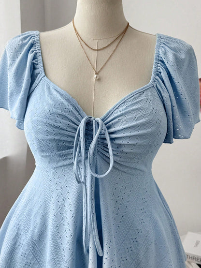 Sweetra Plus Size Women's Square Neck Drawstring Cap Sleeve Ruffle Sleeve Ditsy Floral Casual Cute Elegant Vacation A-Line T-Shirt, Spring/Summer